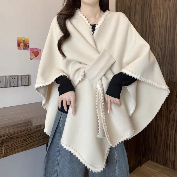 早秋针织开衫外套女气质保暖高级感蕾丝花边显瘦上衣外搭披肩斗篷