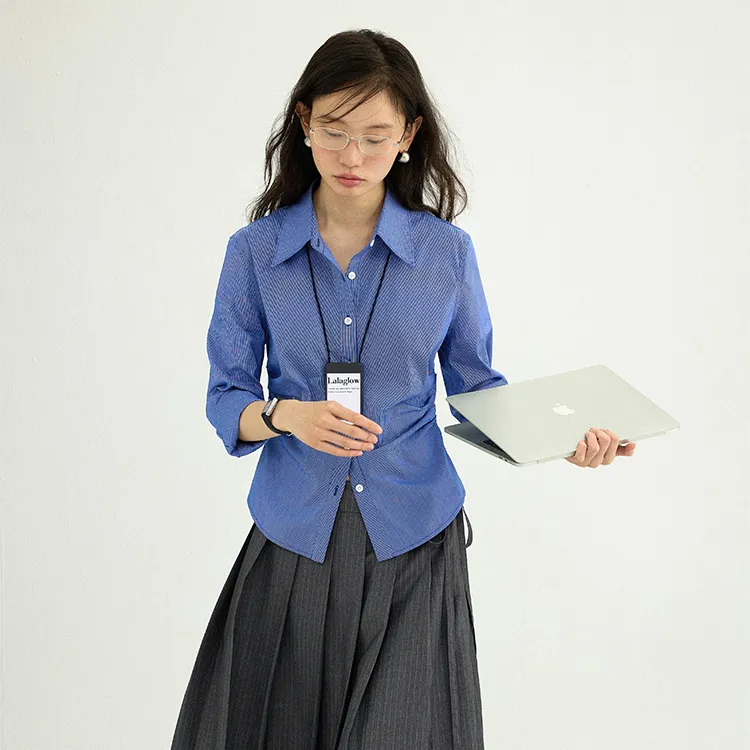 蓝色polo领长袖衬衫女春秋季内搭打底衬衣正肩收腰小个子法式上衣