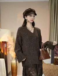 【套头款】唐乐乐｜25new新款圆领亮片宽松遮肉显瘦长袖上衣 BF1827