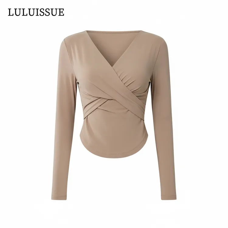 LULUISSUE速干服春秋女瑜伽运动修身显瘦V领长袖恤短款透气训练服