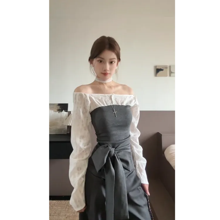 2025春季新款韩系一字肩蕾丝撞色收腰蝴蝶结上衣搭高腰直筒长裤女