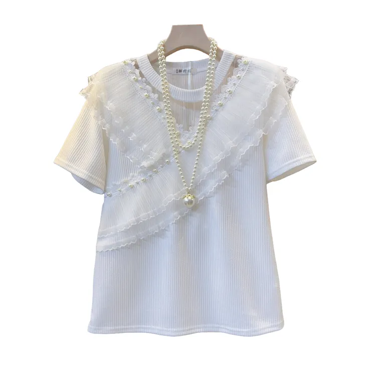 欧货新款镂空重工纱网镶钻拼接T恤衣长64左右显瘦气质时尚百搭潮T