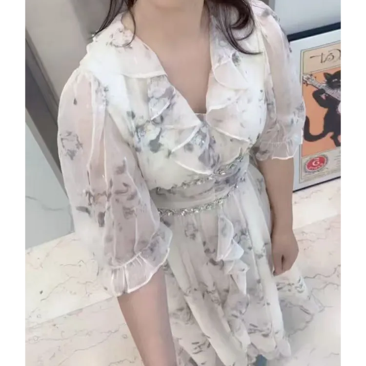 HONB红贝缇夏季碎花松紧腰大摆泡泡袖显瘦时尚夏季仙女连衣裙