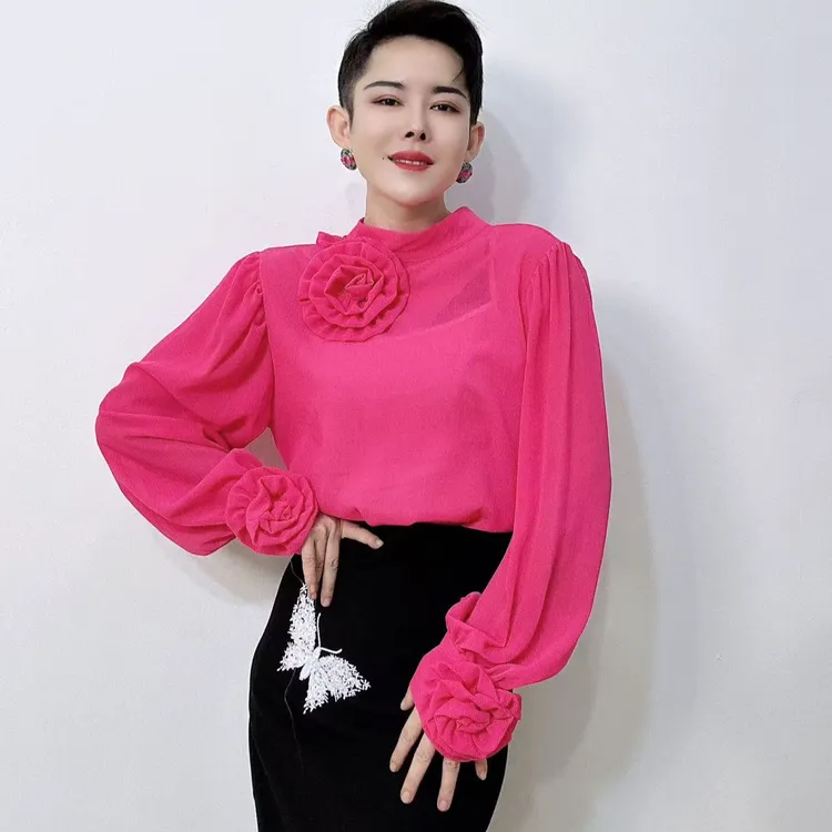 2025春季新款法式气质立体花朵玫红色长袖衬衫女宽松百搭长袖衬衣