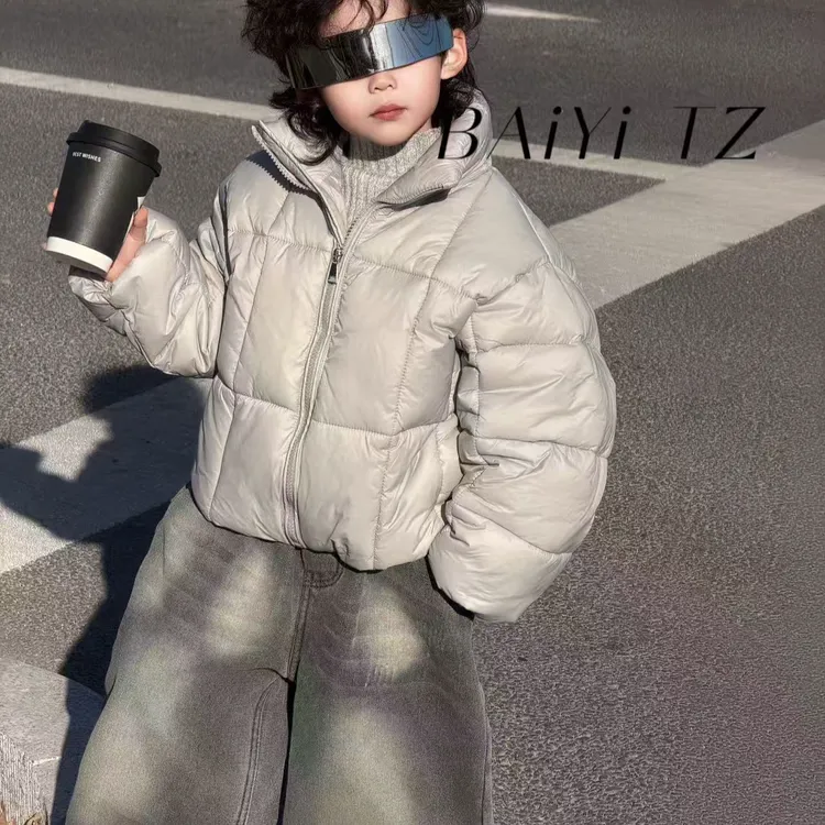 2025冬季男童宝宝新款韩版时尚简约风纯色方格纹休闲保暖棉服外套