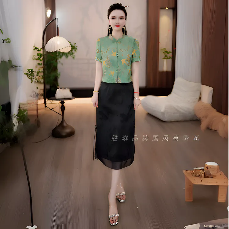 2025夏款金鸟献瑞天青色中式对襟盘扣小衫+黑色半裙两件套M-4XL