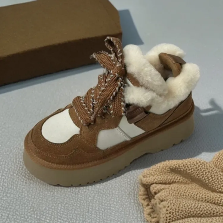 时尚舒适网红冬季拼色厚底真毛领口加绒保暖真皮鞋子大码女款秋冬