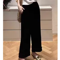 D906丝绒松紧腰休闲裤时尚洋气拼接荷叶边九分裤阔腿裤