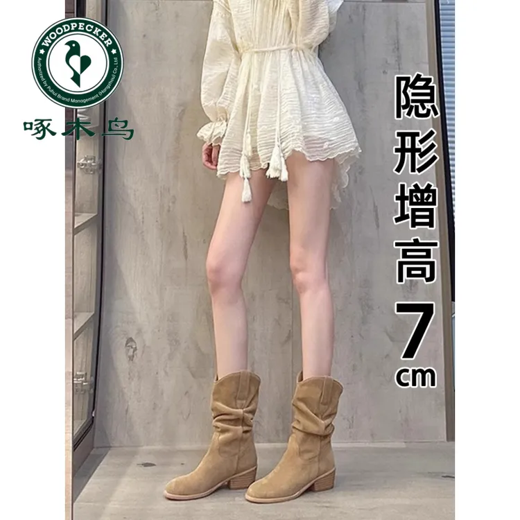 啄木鸟废土风粗跟中筒堆堆靴短靴子女2025秋冬新款百搭时装马丁靴