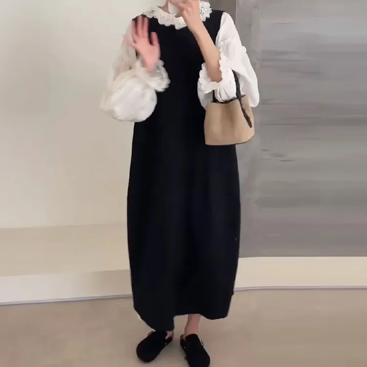 法式大码纯色毛呢背心连衣裙女2025新款叠穿马甲裙宽松直筒裙长裙