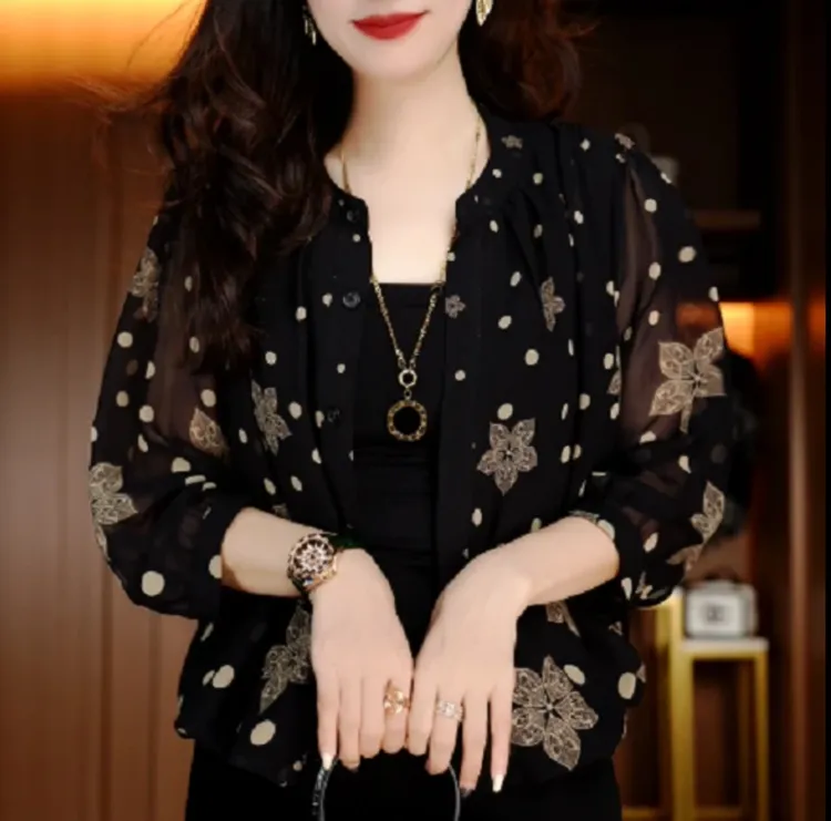 2025年初秋款法式花色女衬衫小衫百搭七分袖上衣洋气气质开衫0503