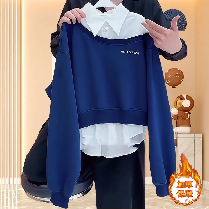 加绒加厚新款网红洋气炸街女装宽松设计感休闲长袖假两件拼接卫衣
