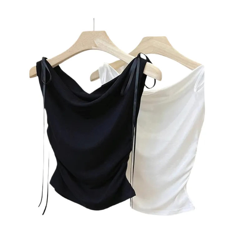 设计感荡领T恤收腰一字领无袖上衣夏季百搭时尚显瘦修身t恤韩版休