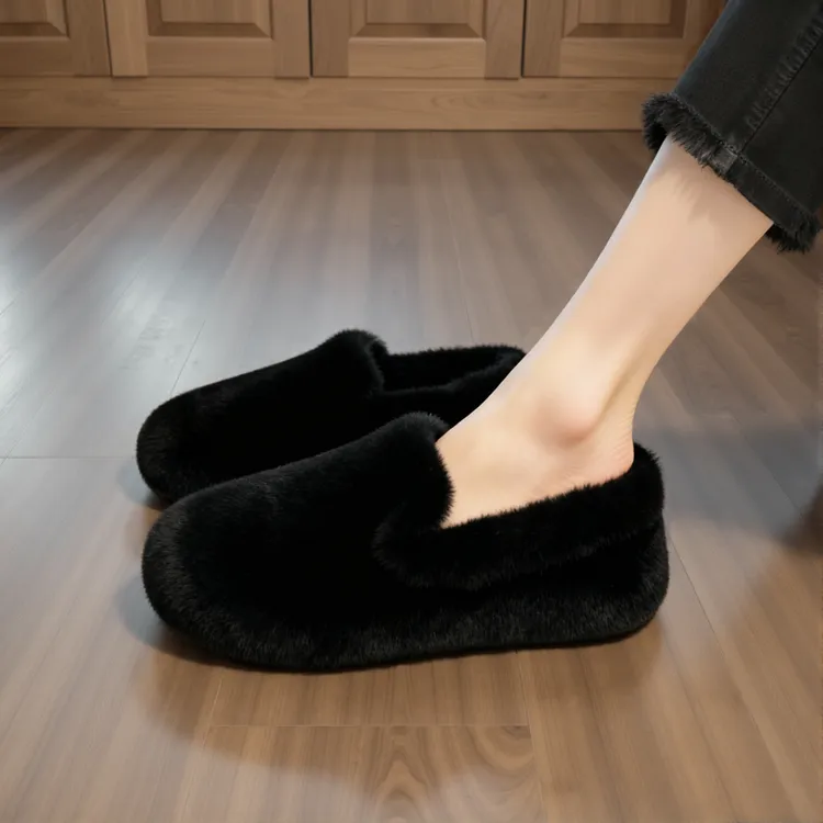 兔毛绒毛毛鞋女外穿2025年新款冬季复古软底防滑加绒孕妇豆豆棉鞋