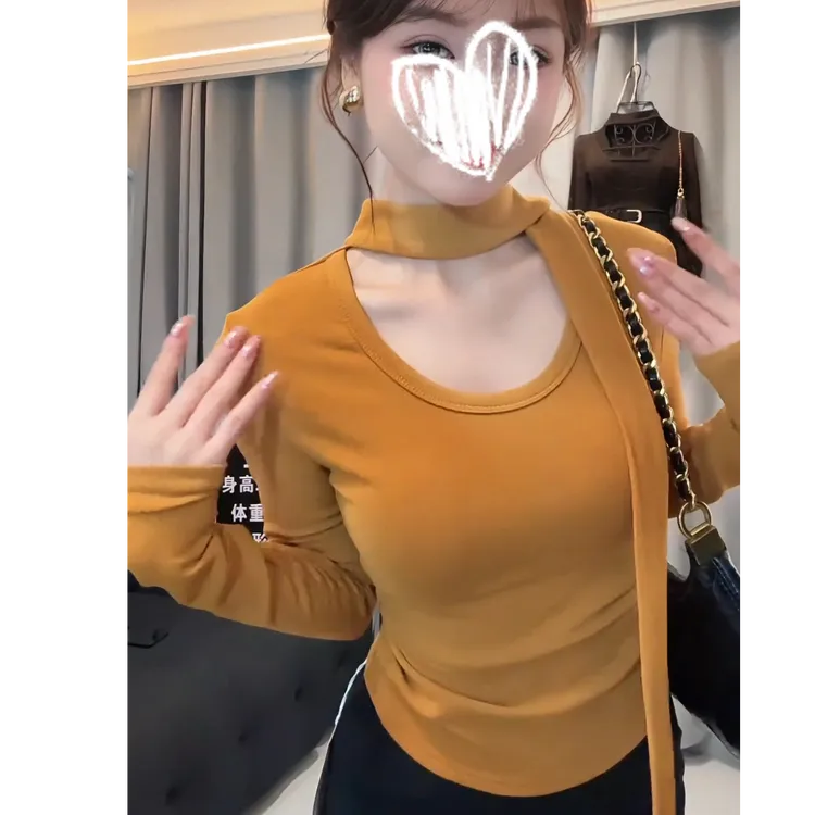 2025秋冬加绒长袖修身紧身型设计感U领T恤辣妹通勤纯欲飘带没垫肩