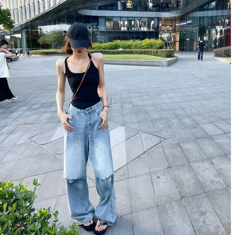 背心休闲风直筒百搭吊带长裤时尚套装夏季上衣休闲显瘦牛仔辣妹