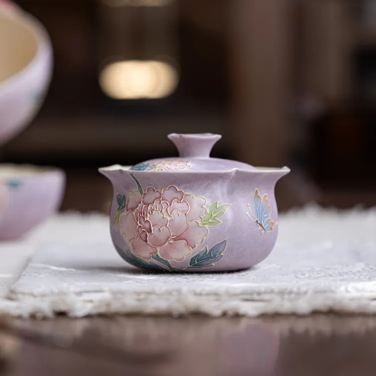 亘古粉引牡丹紫烟荷盏女士盖碗泡茶堆绘蝶恋花陶瓷手绘茶具家用