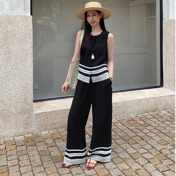 女装夏装套装2025新款爆款气质洋气休闲无袖上衣马甲阔腿裤两件套