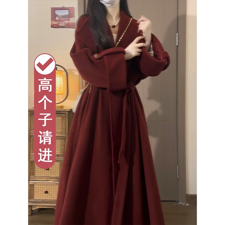 高个子气质复古酒红色毛呢大衣女长款系带收腰显瘦高级感赫本外套