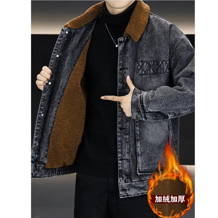 弗基马奇冬季新款夹克男士加厚保暖休闲翻领棉袄水洗牛仔外套