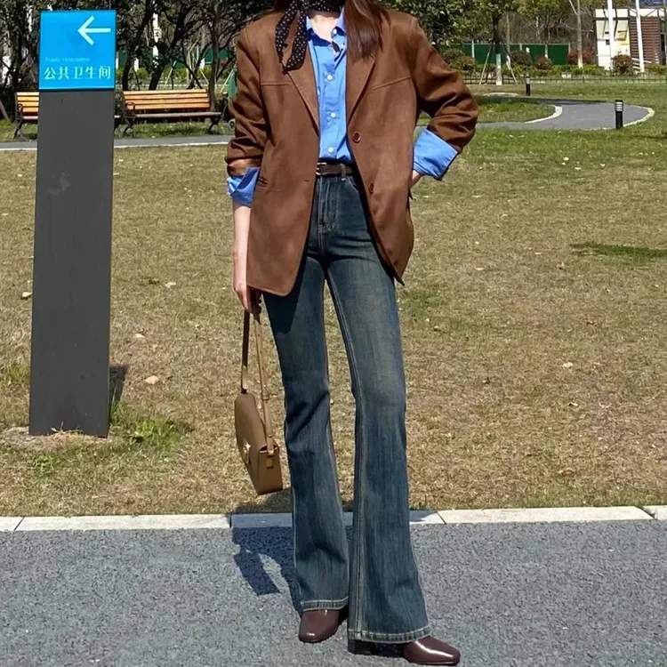 拉夏贝尔韩系复古微喇牛仔裤女春秋高弹力修身显瘦百搭马蹄喇叭裤