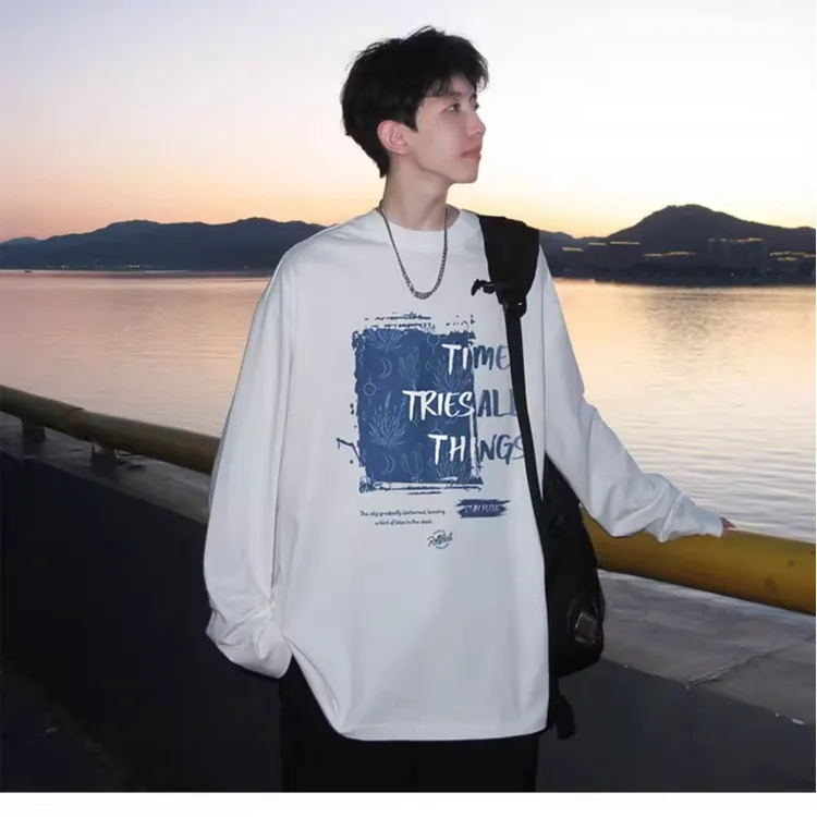 春秋季男款潮流休闲纯棉长袖百搭t恤加绒潮牌美式宽松打底衫上衣