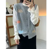 韩系复古南瓜提花单排扣针织马甲宽松慵懒风叠穿开衫背心外穿上衣