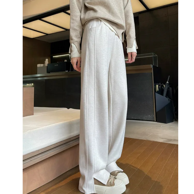 300斤秋冬新款毛呢开叉加绒加厚人字纹裤女大码直筒休闲香蕉裤子