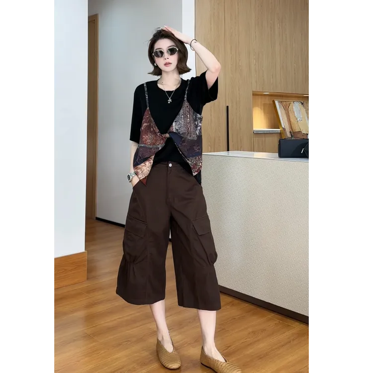 YYOUHAN 【坠入梦境】极简风假两件圆领百搭女生短袖t恤 2506C3751