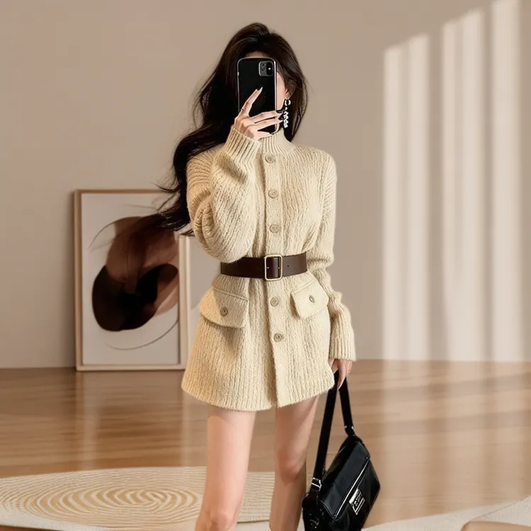 韩系温柔系裙 卡其咖两色收腰显瘦毛衣裙 秋冬高级感内搭外穿