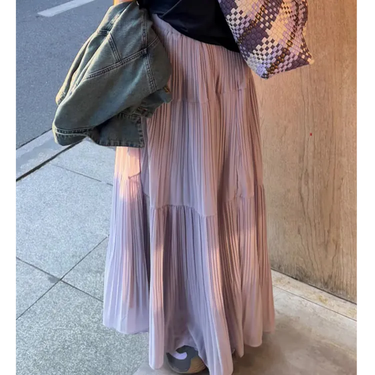 简约优雅高腰松紧腰垂重压褶半身裙女装春夏款宽松显瘦百搭中长裙