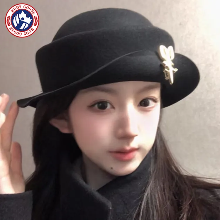 RUDY GOOSE留洋千金郁金香胸针黑色礼帽子女秋冬季赫本风渔夫帽子