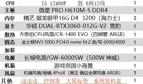 25年比较合适的电脑配置，i5 12400F 外加华硕3060显卡diy游戏黑色