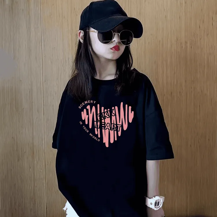 迪斯兔女童短袖纯棉T恤夏季2025新款宽松中大童半袖黑色休闲上衣