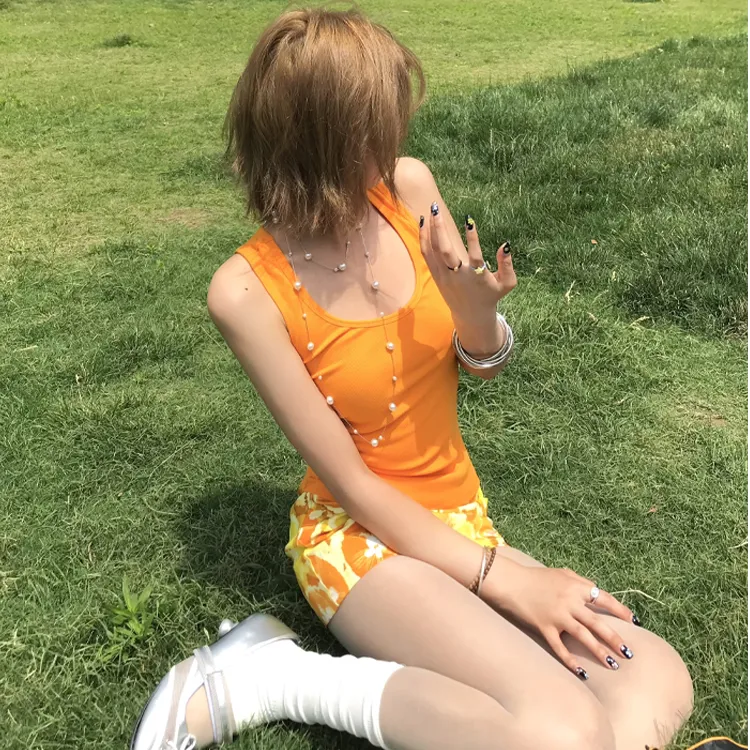 SRIKERLAB纯色U领背心高弹针织螺纹运动修身显瘦百搭辣妹吊带上衣