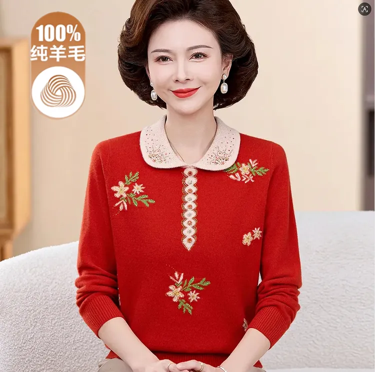 妈妈100%纯羊毛衫翻领毛衣打底衫中老年女装时尚洋气刺绣针织上衣