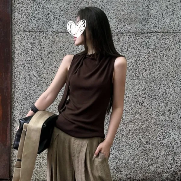 2025年夏季新款韩版飘带极简背心修身显瘦纯欲辣妹百搭气质女上衣