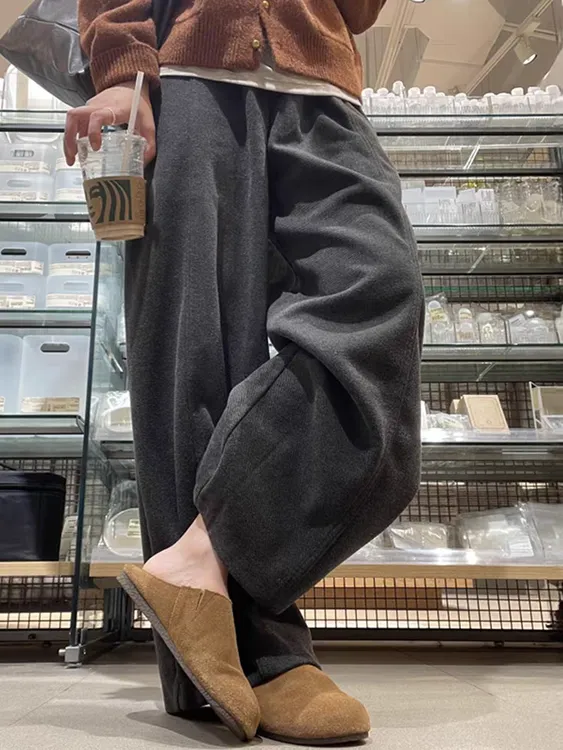 松弛慵懒风黑灰色磨毛阔腿裤子女款秋冬大码胖mm显瘦遮肉休闲长裤