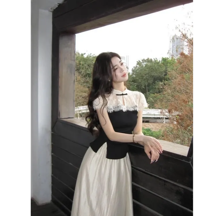 新中式国风套装夏季气质显瘦设计感蕾丝拼接上衣+半身裙两件套女