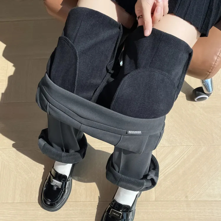 微喇叭裤女春秋冬加绒阔腿高腰显瘦垂感九分西装休闲直筒开叉裤子