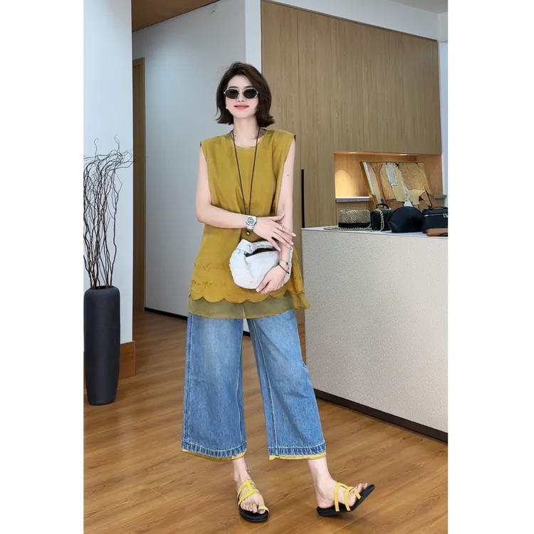 YYOUHAN 2025新款【落日海岸】波浪下摆刺绣花朵百搭T恤 2506C3631