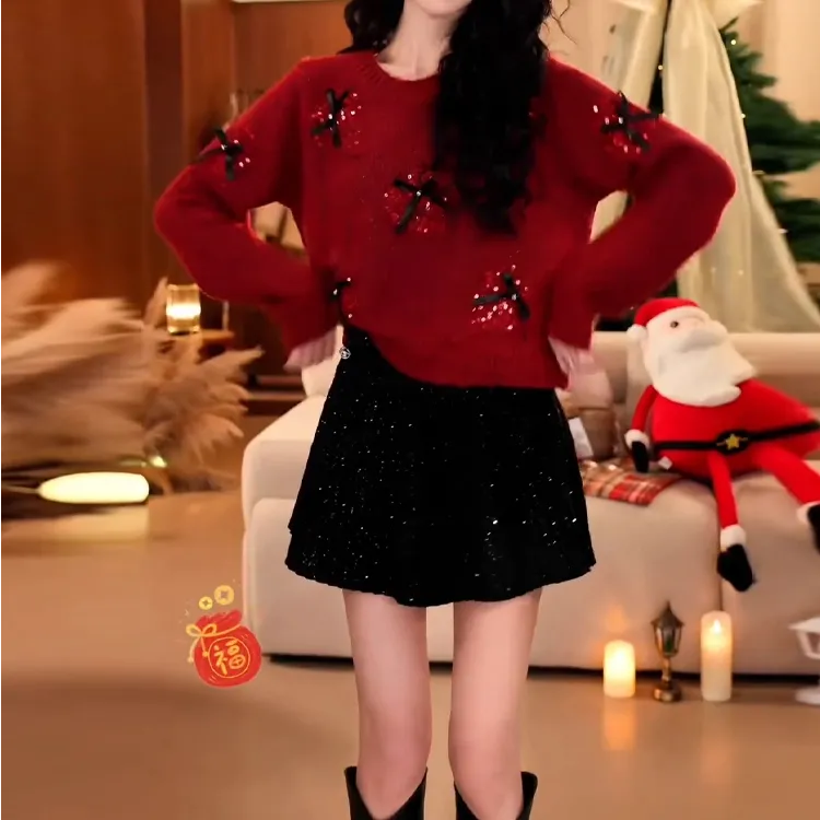 蝴蝶结亮片本命年红色毛衣女秋冬季2025新款显瘦上衣针织打底衫