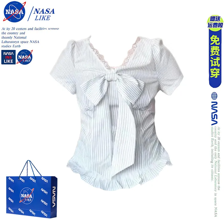 NASA韩系条纹蝴蝶结蕾丝V领短袖衬衫女夏季设计感修身甜辣妹上衣