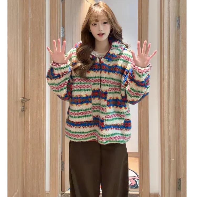 2025新款彩色费尔岛加厚加绒连帽外套