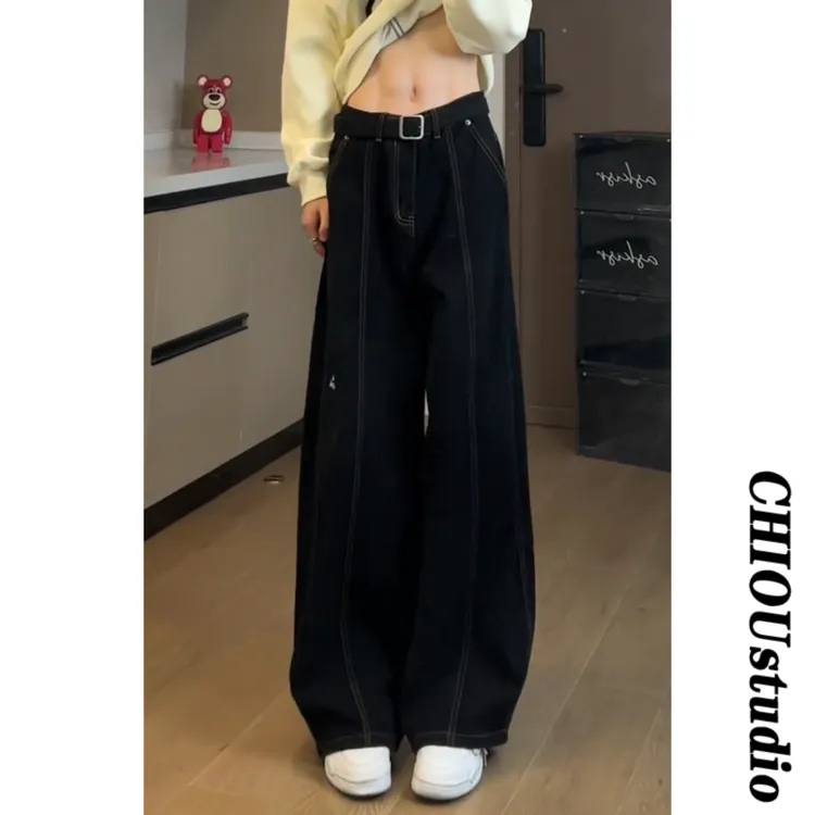 潮牌明线cleanfit垂感牛仔裤男春秋复古阔腿裤高街百搭设计感长裤