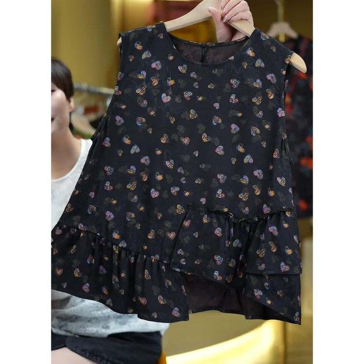 黑纱彩星<<非遗美学>>1348夏季新款显瘦圆领无袖上衣