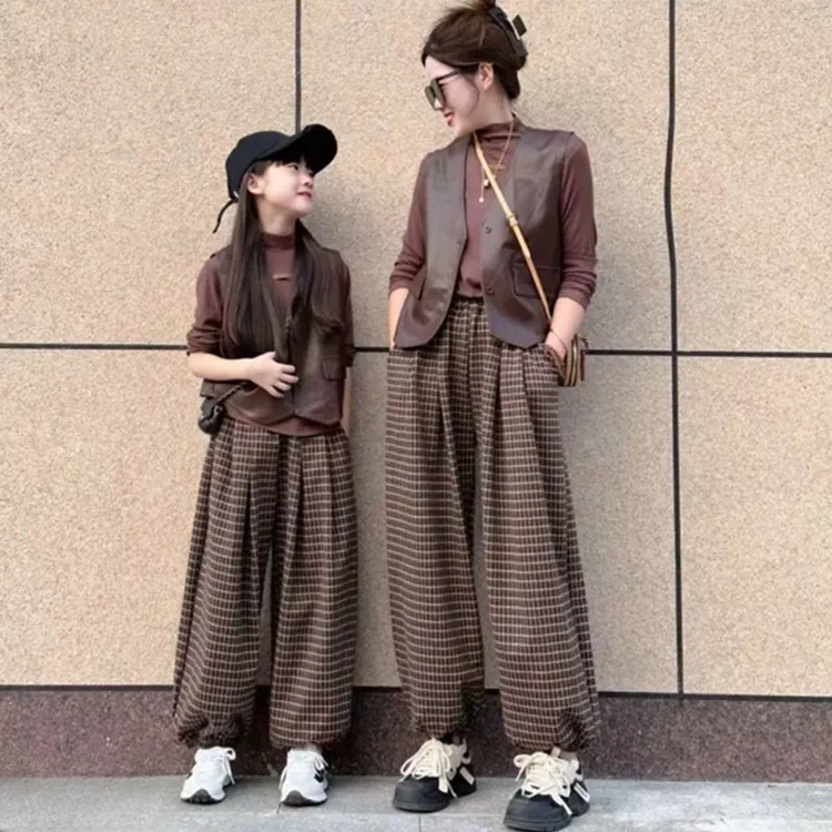 秋季常规女格子西装亲子装韩版阔腿格子裤+马甲+打底衫洋气休闲风