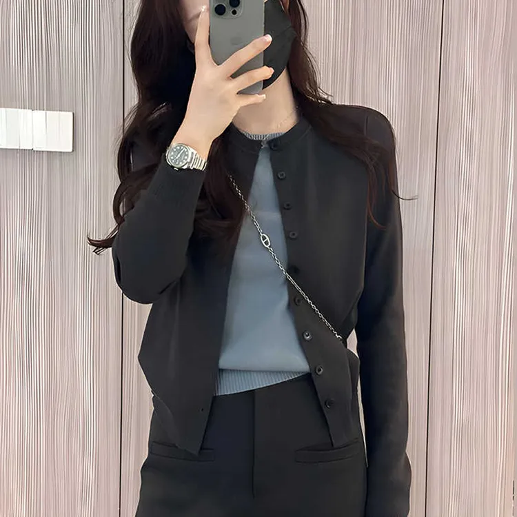 时尚假两件撞色拼接长袖针织开衫女慵懒风宽松休闲百搭短款上衣秋