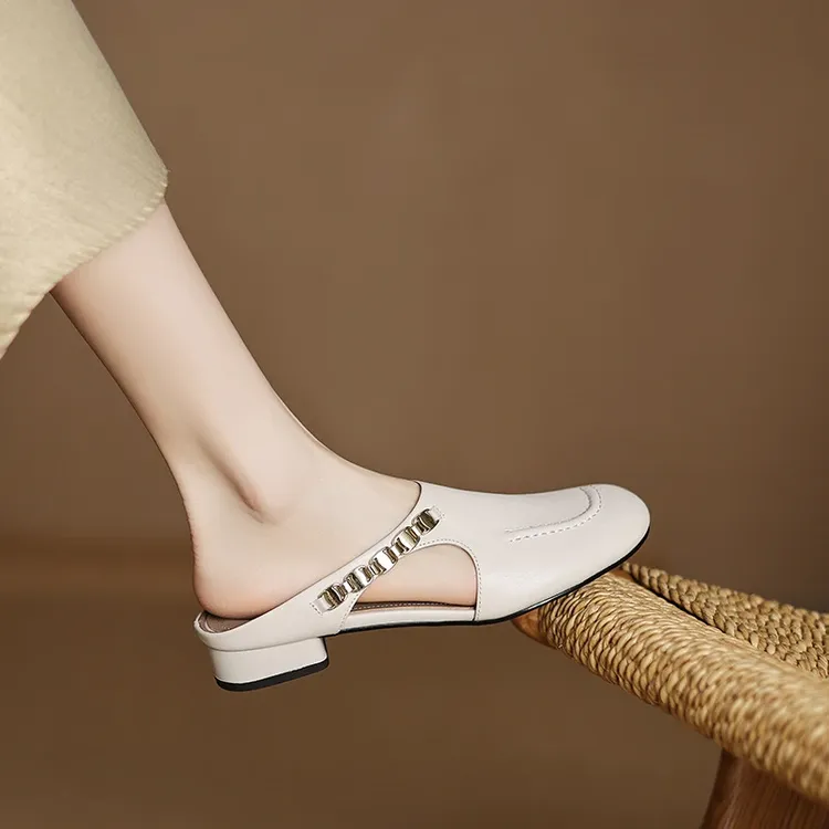 包头半拖鞋女2025夏季新款低跟一脚蹬懒人穆勒鞋软底真皮半拖鞋女