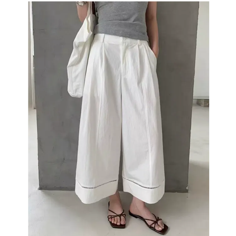 夏季重工拼接镂空裤脚设计松紧腰休闲九分裤